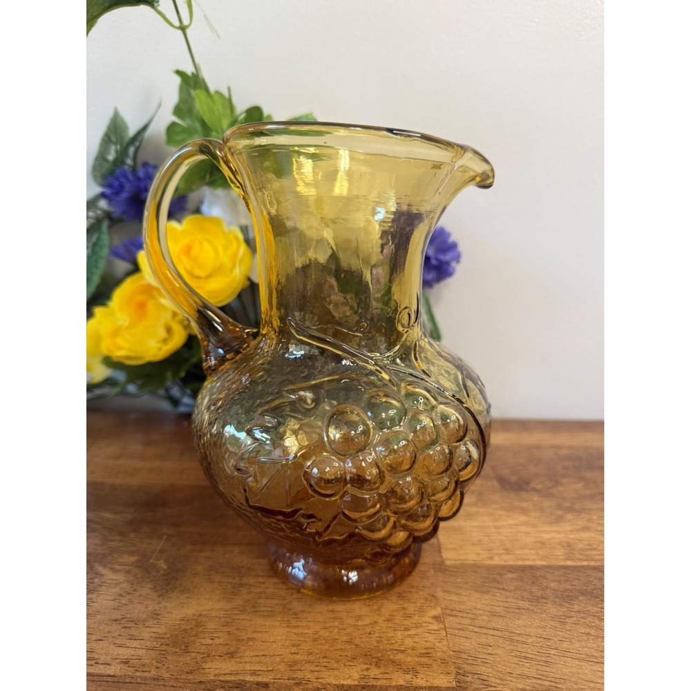 Vintage Amber Glass Grapevine Pitcher Embossed Harvest Design Jug Yellow  MCM‎